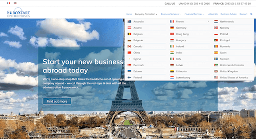 Eurostart Entreprises - megamenu with flags