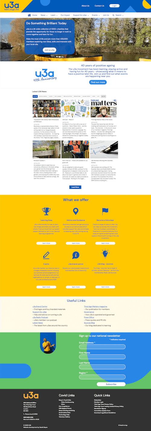 U3A home page with slideshow, latest news, call to actions and newsletter sign up
