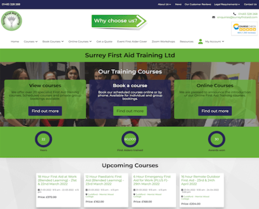 Image of Surrey First Aid Training website designed and developed by Sarah Hayes