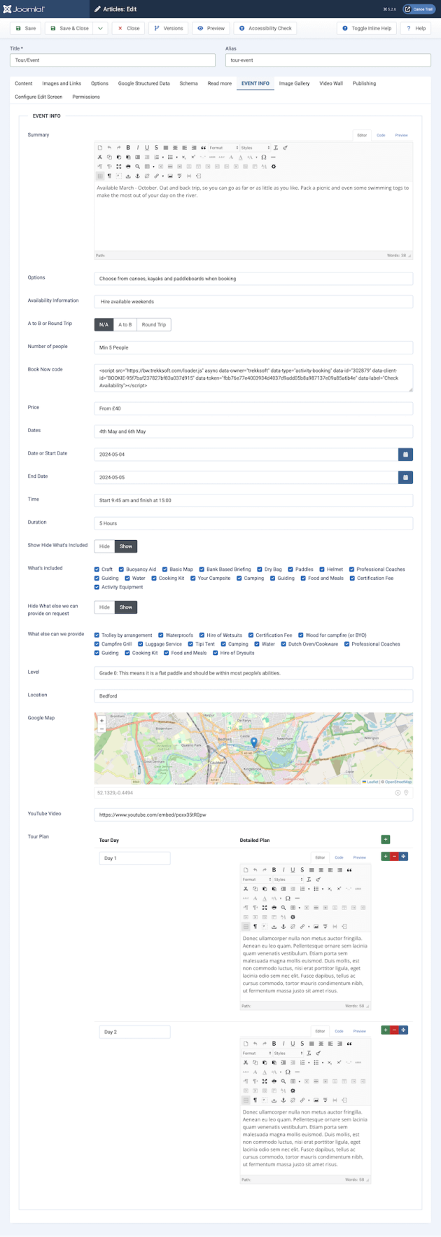 Canoe Trail Event Custom Fields