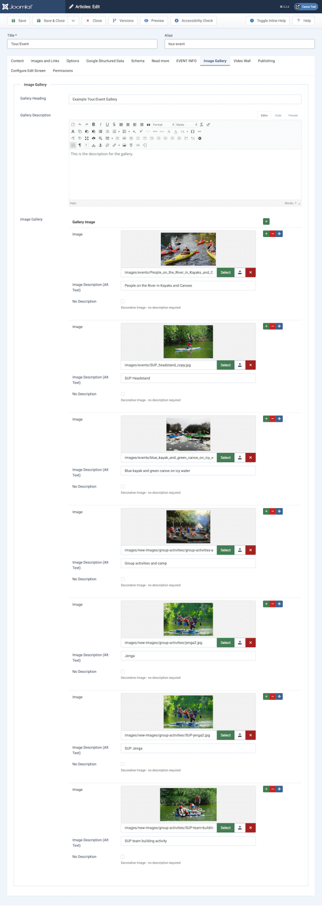 Canoe Trail Event Gallery Custom Fields