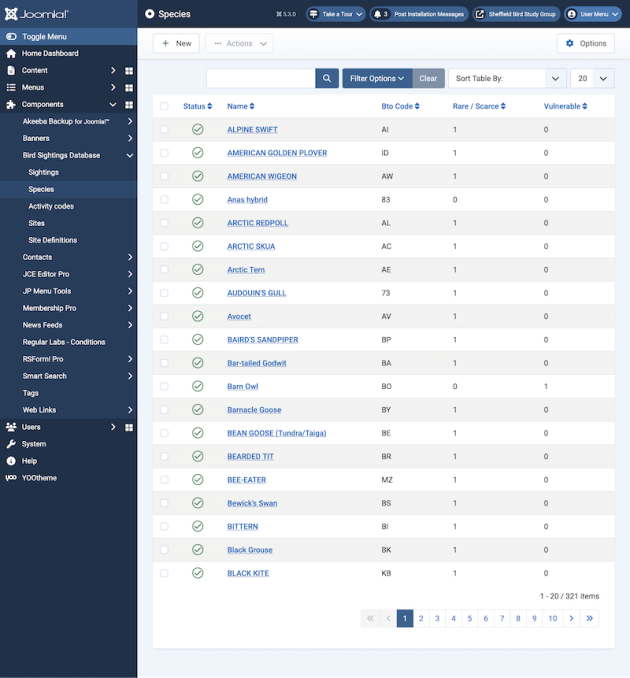Custom Joomla Component Sightings Component Species Management