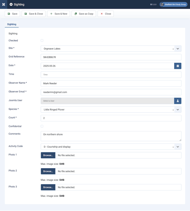 Custom Joomla Component Sightings Component Sighting Record